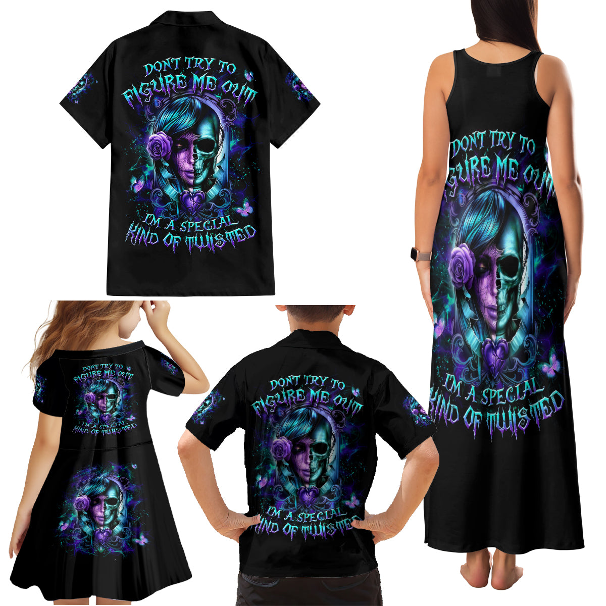Lady Skull Family Matching Tank Maxi Dress and Hawaiian Shirt Don't Try To Figure Me Out I'm A Special Kind Of Twisted - Wonder Print Shop