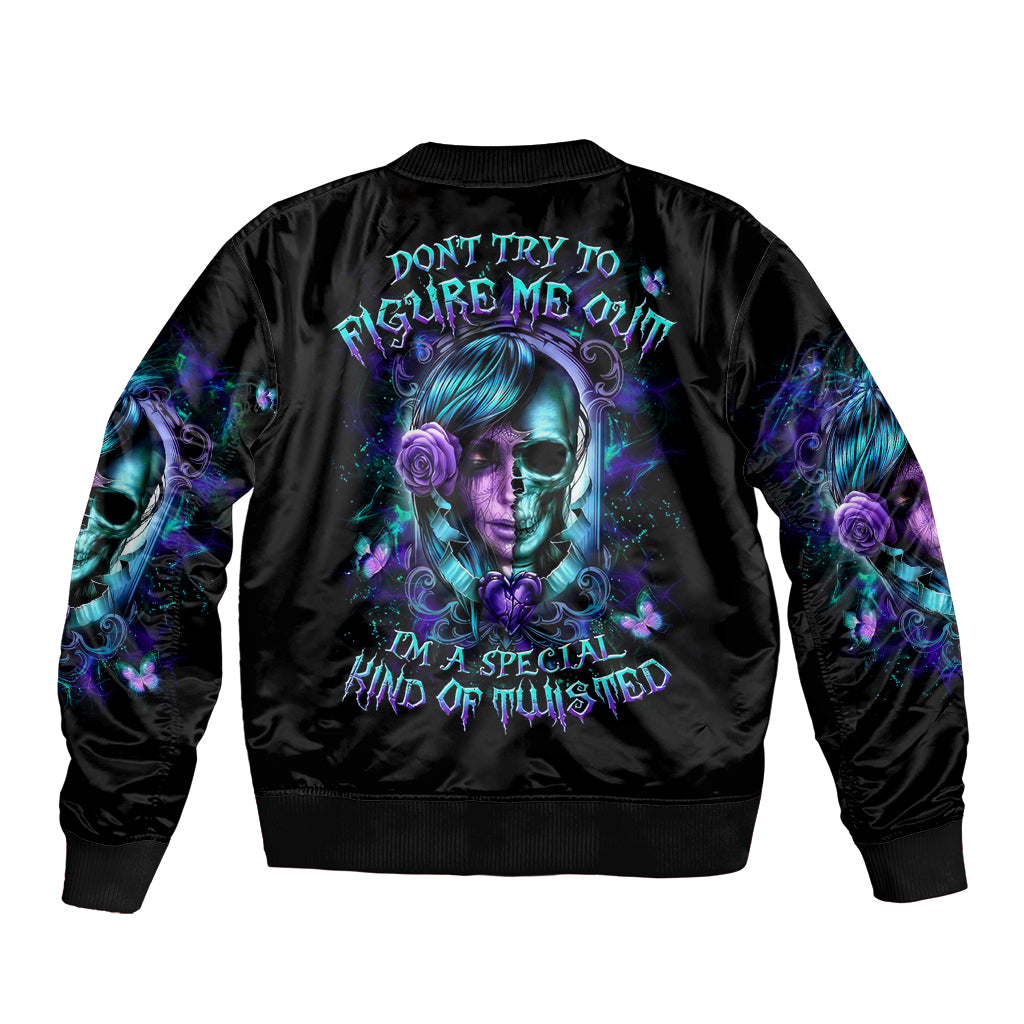 Lady Skull Sleeve Zip Bomber Jacket Don't Try To Figure Me Out I'm A Special Kind Of Twisted - Wonder Print Shop