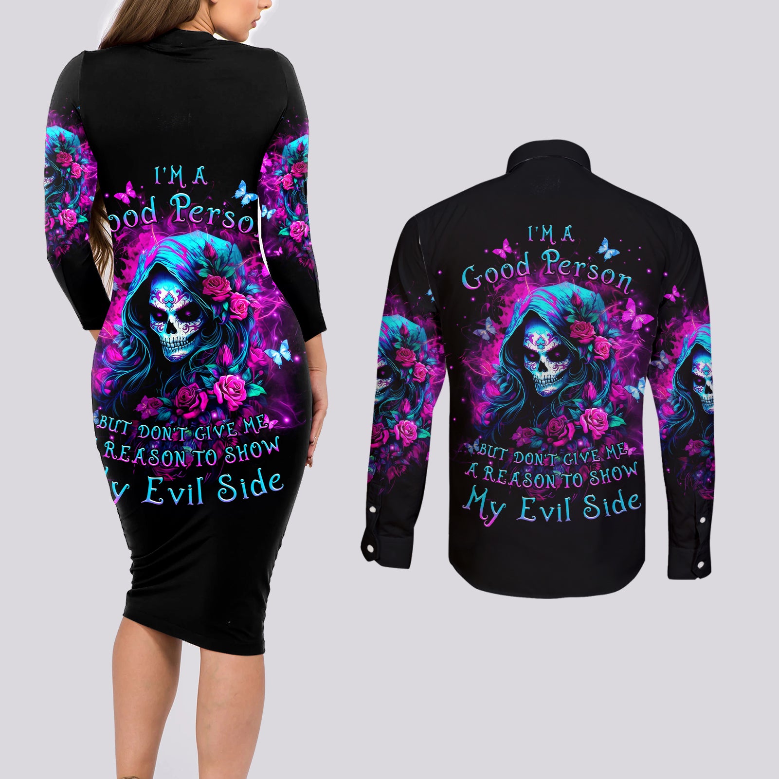 Witch Skull Couples Matching Long Sleeve Bodycon Dress and Long Sleeve Button Shirt I'm A Good Person But Don't Give Me A Reason To Show Evil Side - Wonder Print Shop