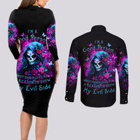 Witch Skull Couples Matching Long Sleeve Bodycon Dress and Long Sleeve Button Shirt I'm A Good Person But Don't Give Me A Reason To Show Evil Side - Wonder Print Shop