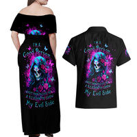 Witch Skull Couples Matching Off Shoulder Maxi Dress and Hawaiian Shirt I'm A Good Person But Don't Give Me A Reason To Show Evil Side - Wonder Print Shop