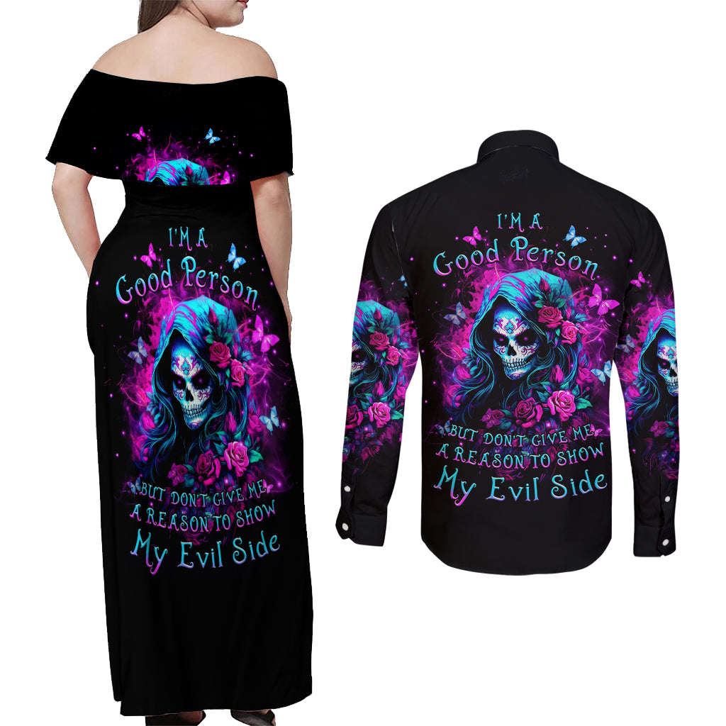 Witch Skull Couples Matching Off Shoulder Maxi Dress and Long Sleeve Button Shirt I'm A Good Person But Don't Give Me A Reason To Show Evil Side - Wonder Print Shop