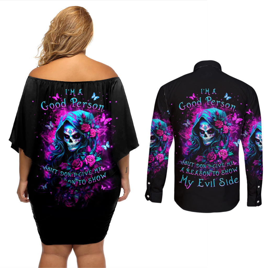 Witch Skull Couples Matching Off Shoulder Short Dress and Long Sleeve Button Shirt I'm A Good Person But Don't Give Me A Reason To Show Evil Side - Wonder Print Shop