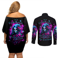Witch Skull Couples Matching Off Shoulder Short Dress and Long Sleeve Button Shirt I'm A Good Person But Don't Give Me A Reason To Show Evil Side - Wonder Print Shop
