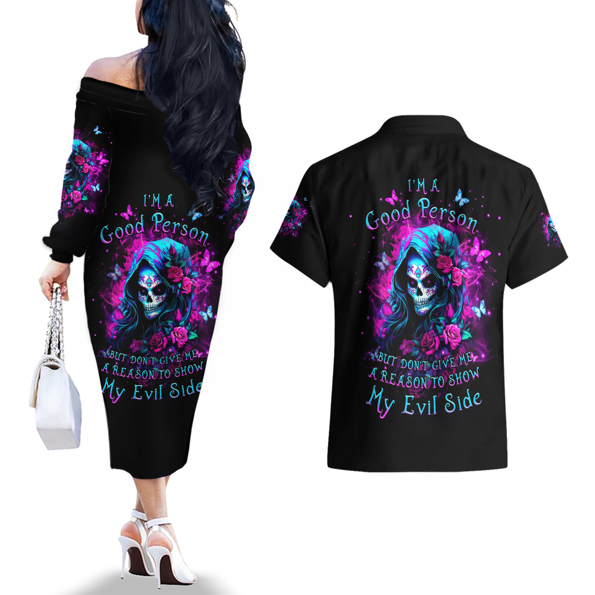 Witch Skull Couples Matching Off The Shoulder Long Sleeve Dress and Hawaiian Shirt I'm A Good Person But Don't Give Me A Reason To Show Evil Side - Wonder Print Shop