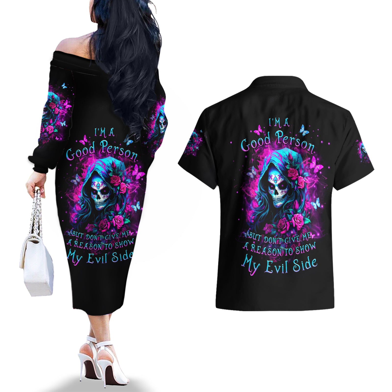 Witch Skull Couples Matching Off The Shoulder Long Sleeve Dress and Hawaiian Shirt I'm A Good Person But Don't Give Me A Reason To Show Evil Side - Wonder Print Shop