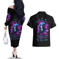 Witch Skull Couples Matching Off The Shoulder Long Sleeve Dress and Hawaiian Shirt I'm A Good Person But Don't Give Me A Reason To Show Evil Side - Wonder Print Shop