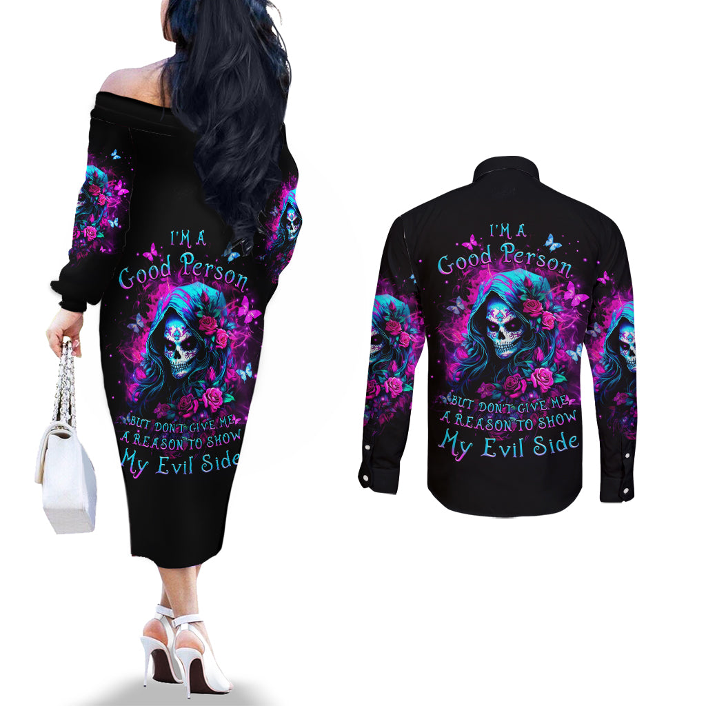 Witch Skull Couples Matching Off The Shoulder Long Sleeve Dress and Long Sleeve Button Shirt I'm A Good Person But Don't Give Me A Reason To Show Evil Side
