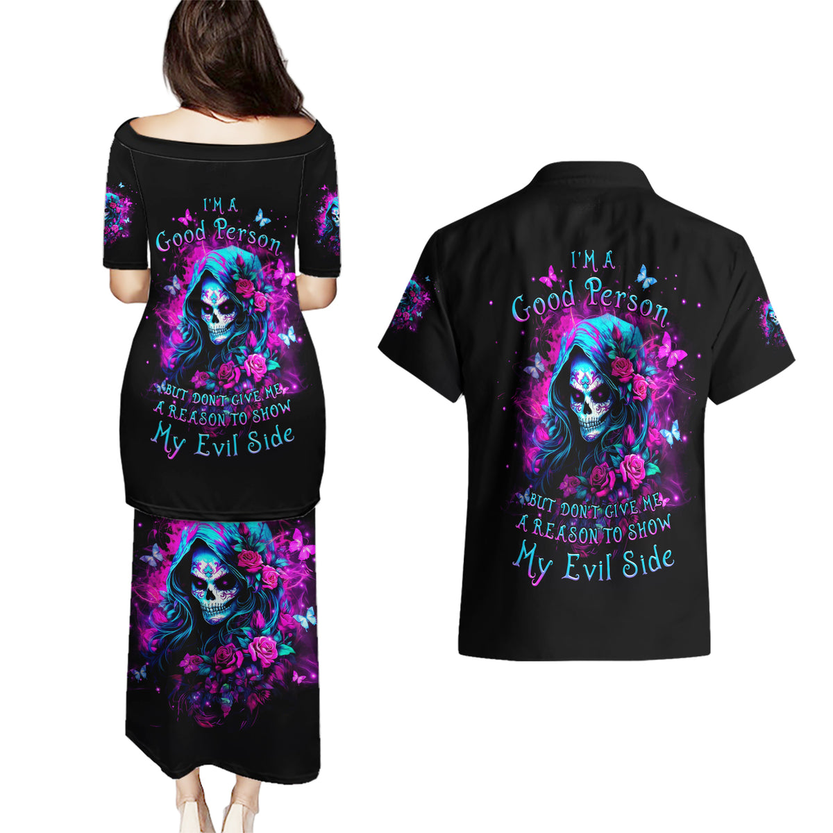 Witch Skull Couples Matching Puletasi and Hawaiian Shirt I'm A Good Person But Don't Give Me A Reason To Show Evil Side - Wonder Print Shop