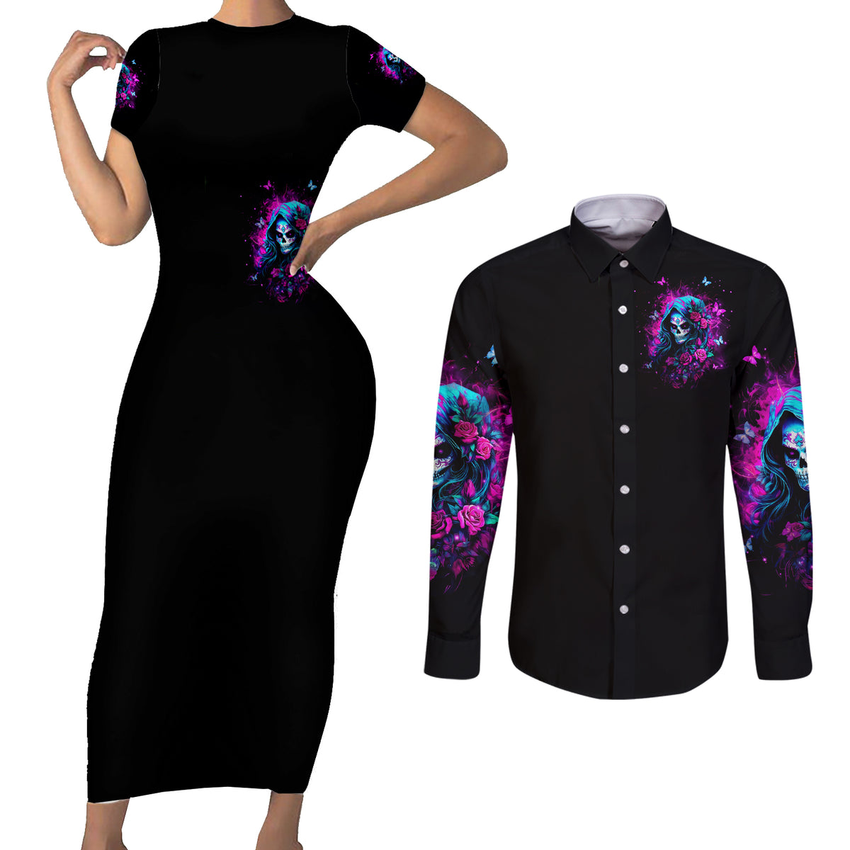 Witch Skull Couples Matching Short Sleeve Bodycon Dress and Long Sleeve Button Shirt I'm A Good Person But Don't Give Me A Reason To Show Evil Side - Wonder Print Shop
