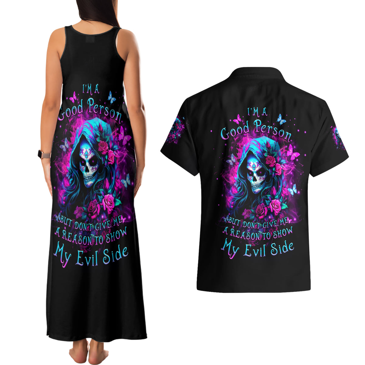 Witch Skull Couples Matching Tank Maxi Dress and Hawaiian Shirt I'm A Good Person But Don't Give Me A Reason To Show Evil Side - Wonder Print Shop