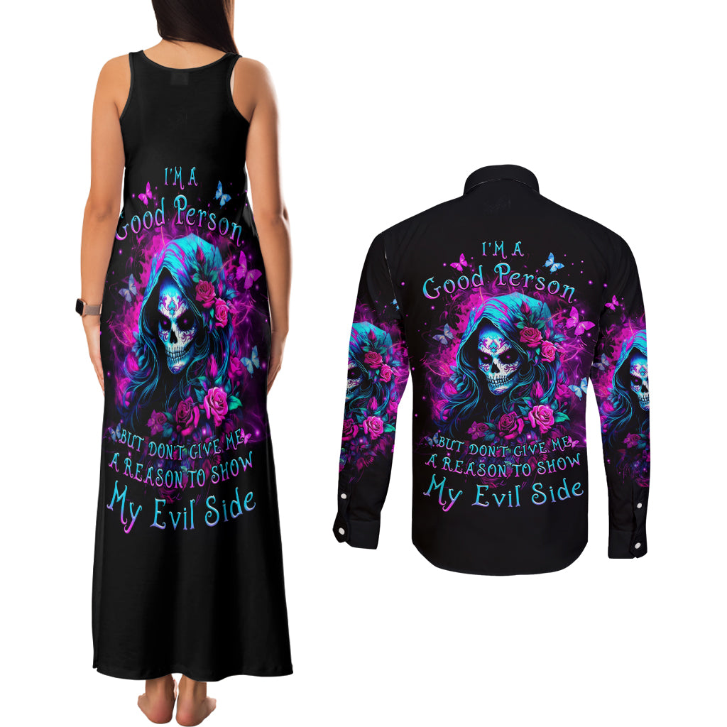 Witch Skull Couples Matching Tank Maxi Dress and Long Sleeve Button Shirt I'm A Good Person But Don't Give Me A Reason To Show Evil Side - Wonder Print Shop