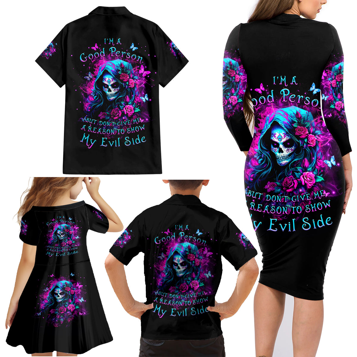 Witch Skull Family Matching Long Sleeve Bodycon Dress and Hawaiian Shirt I'm A Good Person But Don't Give Me A Reason To Show Evil Side - Wonder Print Shop