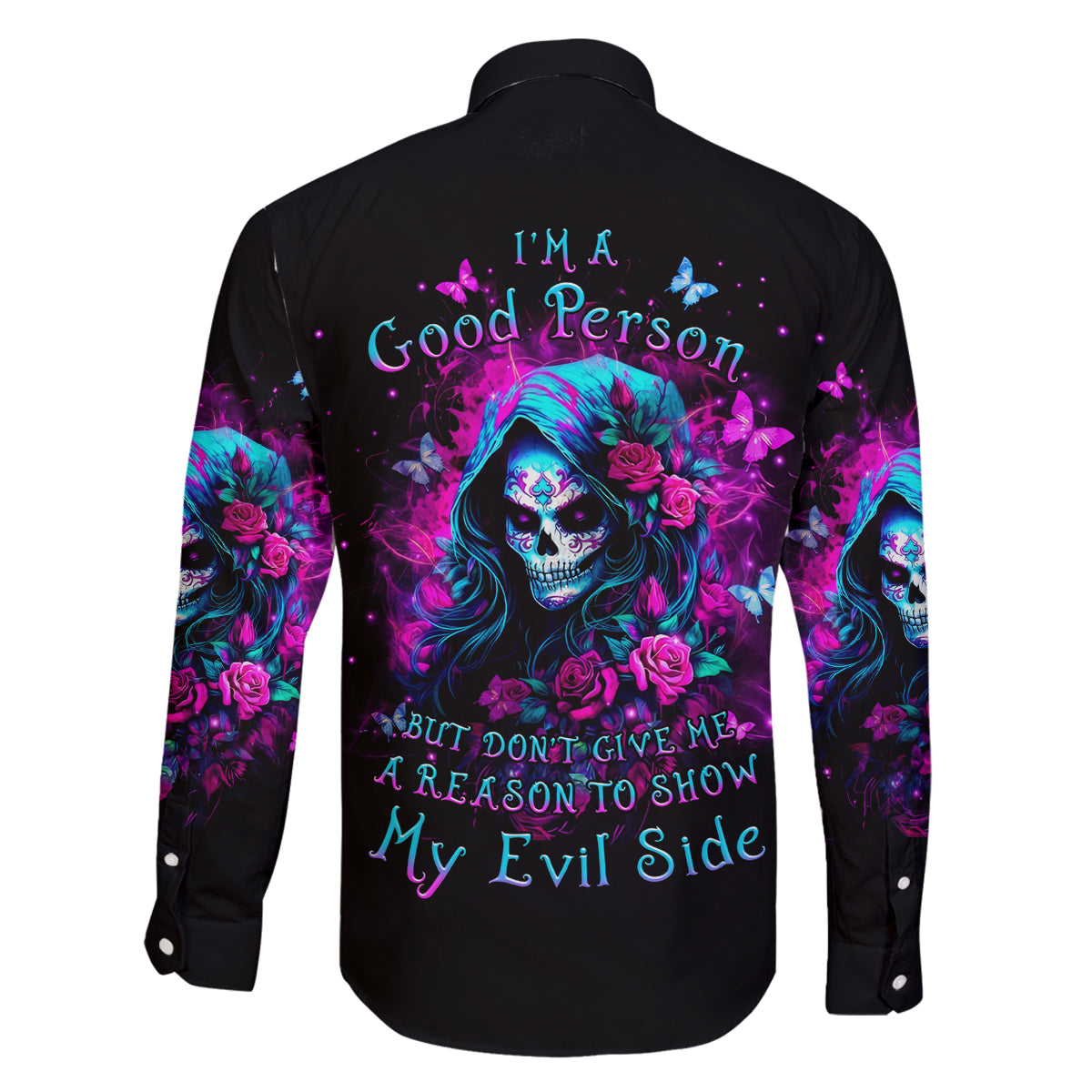 Witch Skull Family Matching Long Sleeve Bodycon Dress and Hawaiian Shirt I'm A Good Person But Don't Give Me A Reason To Show Evil Side - Wonder Print Shop