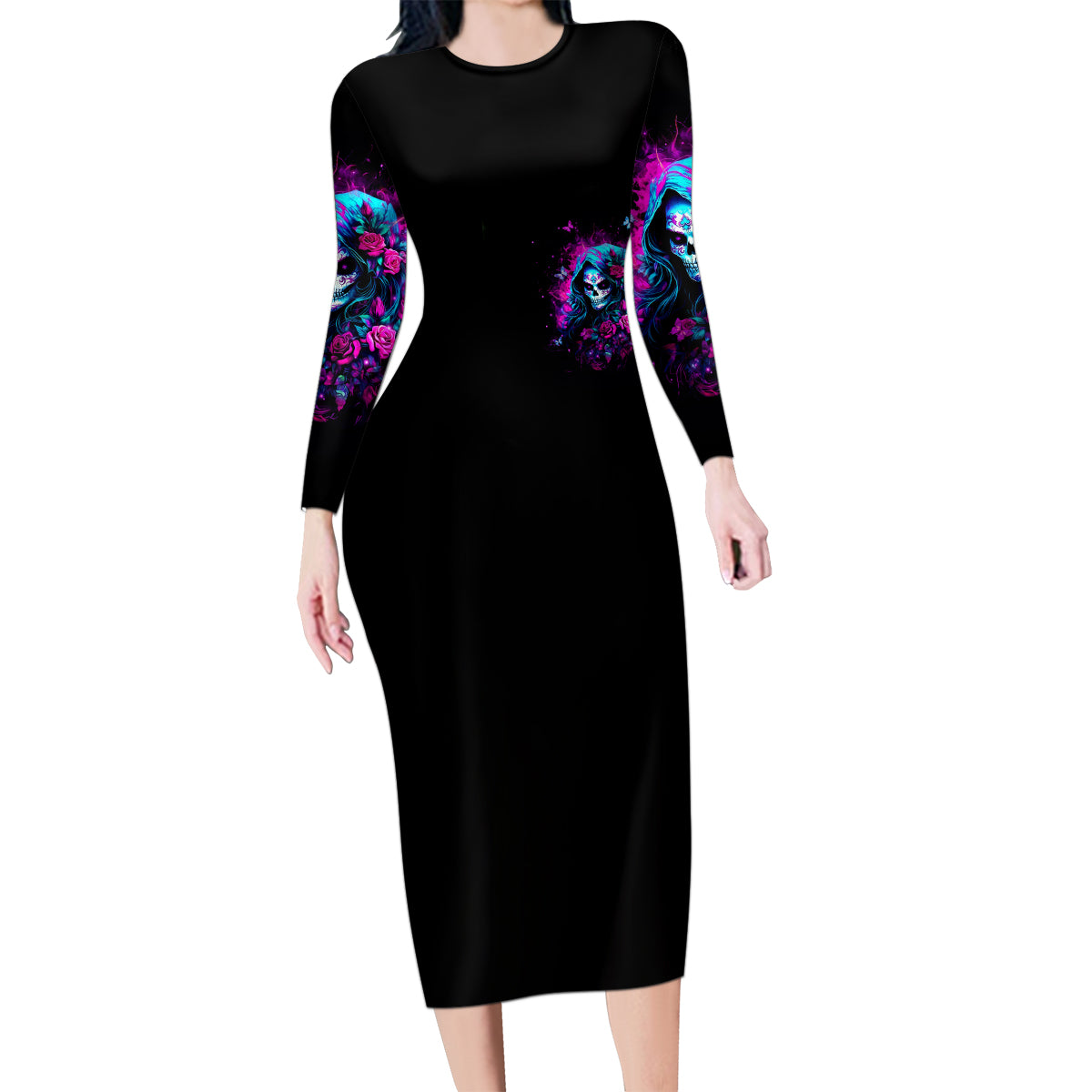 Witch Skull Family Matching Long Sleeve Bodycon Dress and Hawaiian Shirt I'm A Good Person But Don't Give Me A Reason To Show Evil Side - Wonder Print Shop