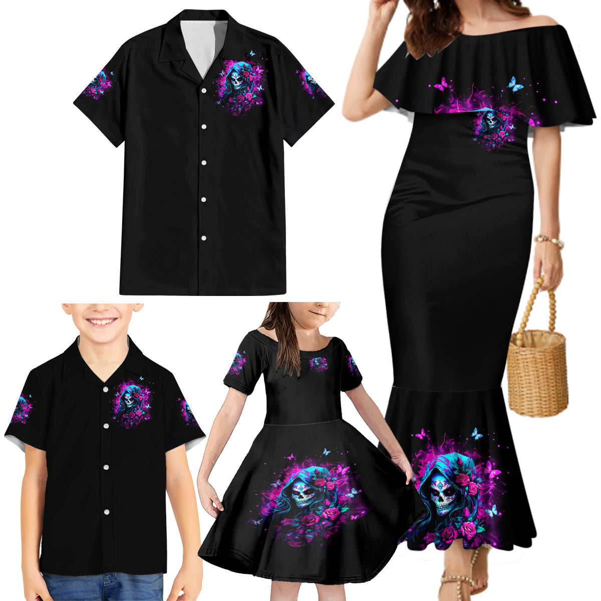 Witch Skull Family Matching Mermaid Dress and Hawaiian Shirt I'm A Good Person But Don't Give Me A Reason To Show Evil Side - Wonder Print Shop