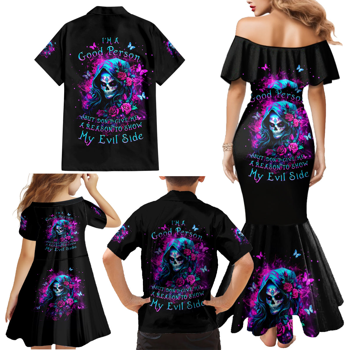 Witch Skull Family Matching Mermaid Dress and Hawaiian Shirt I'm A Good Person But Don't Give Me A Reason To Show Evil Side - Wonder Print Shop