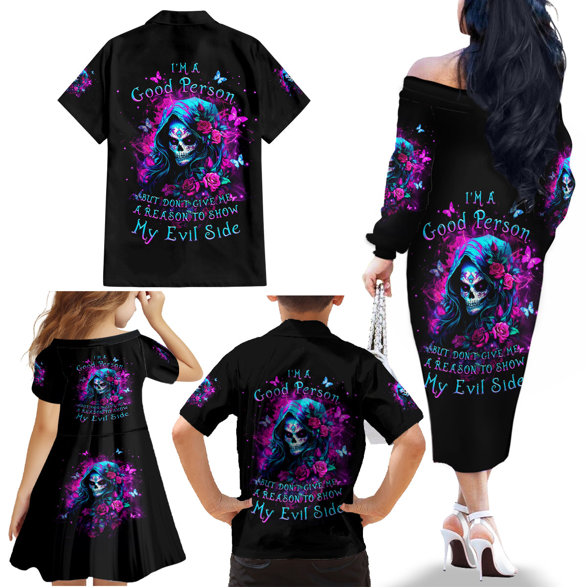 Witch Skull Family Matching Off Shoulder Long Sleeve Dress and Hawaiian Shirt I'm A Good Person But Don't Give Me A Reason To Show Evil Side - Wonder Print Shop