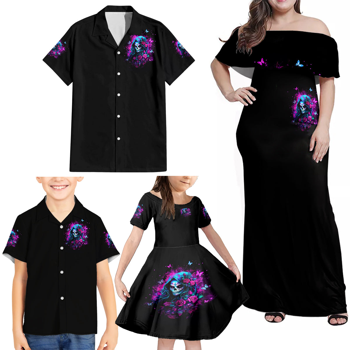 Witch Skull Family Matching Off Shoulder Maxi Dress and Hawaiian Shirt I'm A Good Person But Don't Give Me A Reason To Show Evil Side - Wonder Print Shop
