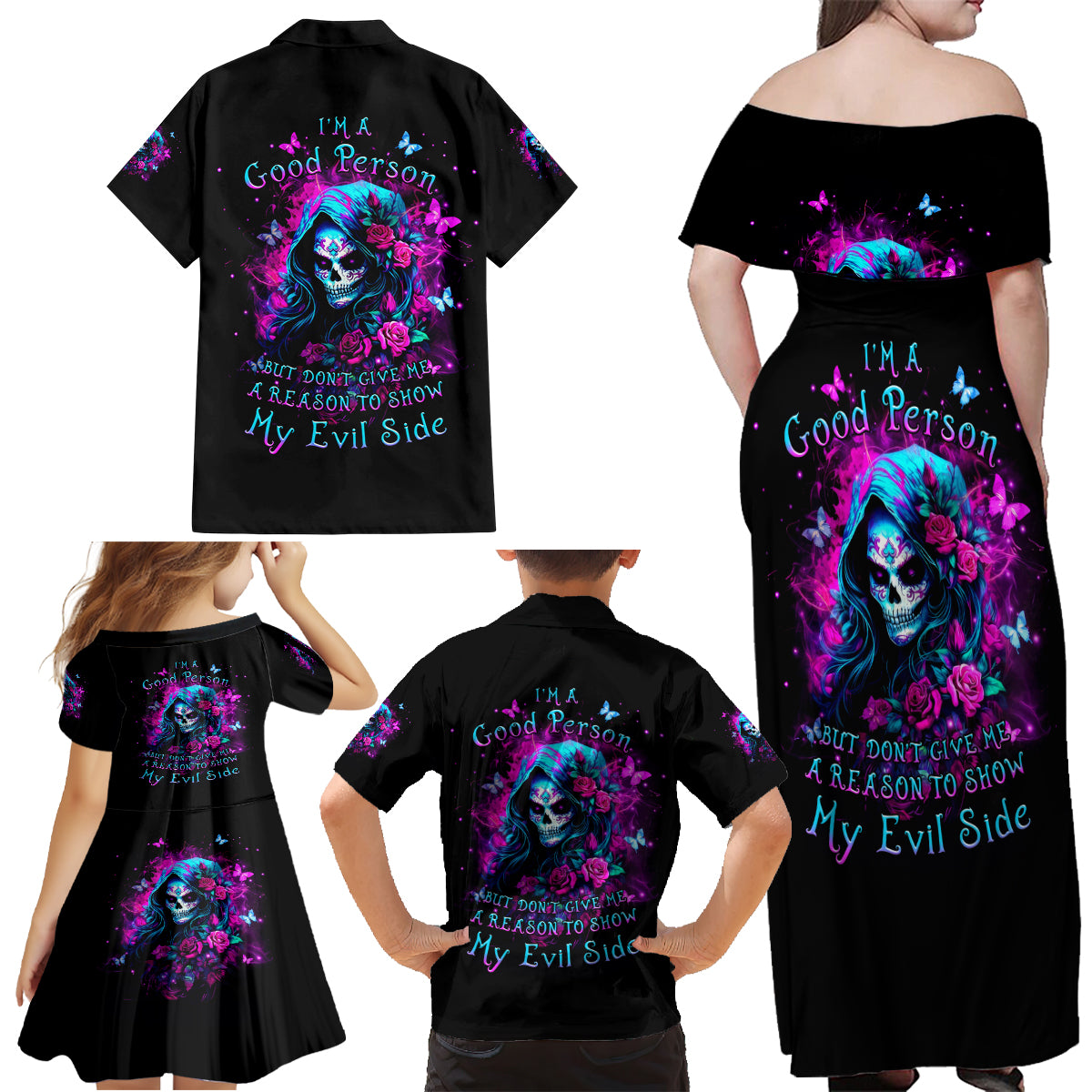 Witch Skull Family Matching Off Shoulder Maxi Dress and Hawaiian Shirt I'm A Good Person But Don't Give Me A Reason To Show Evil Side - Wonder Print Shop