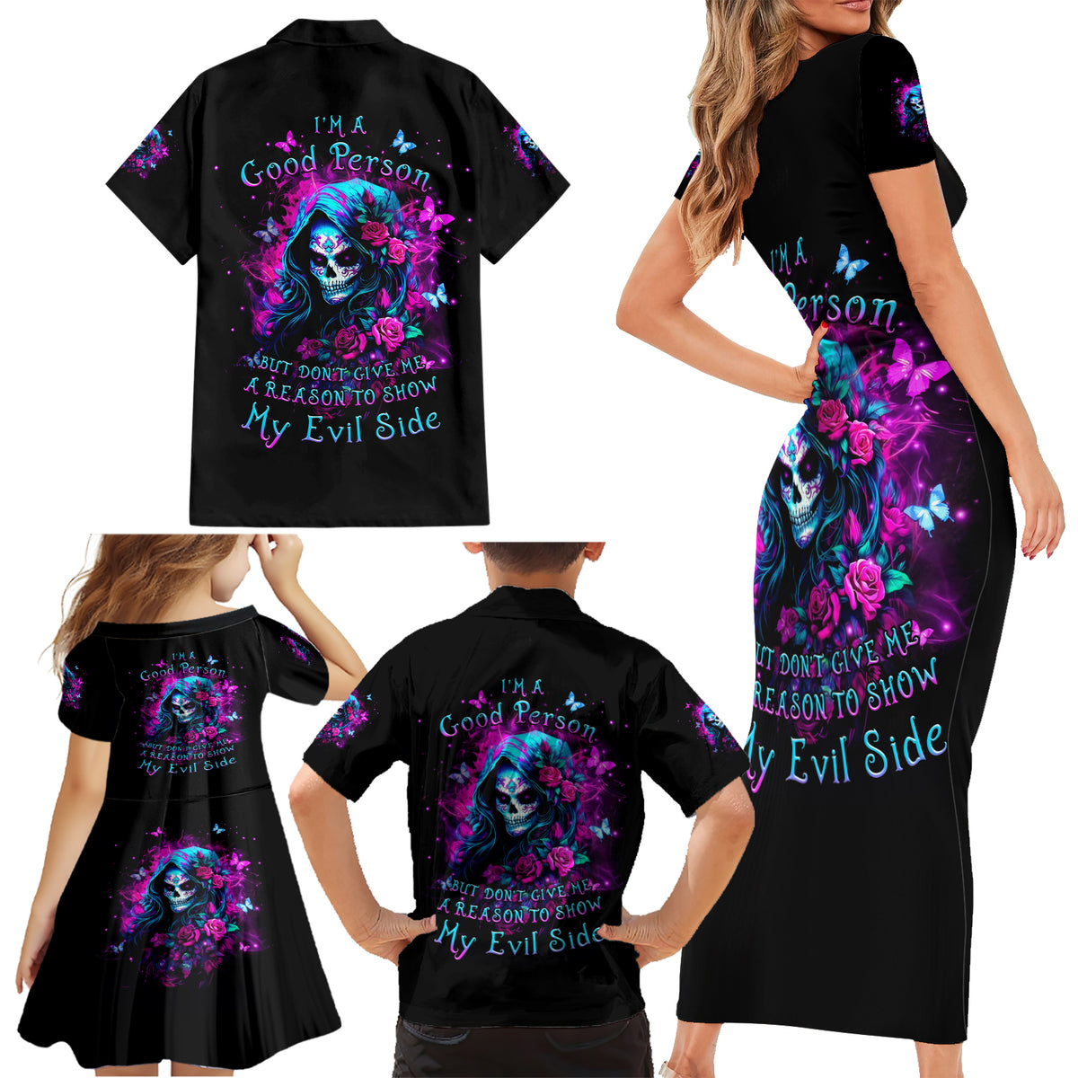 Witch Skull Family Matching Short Sleeve Bodycon Dress and Hawaiian Shirt I'm A Good Person But Don't Give Me A Reason To Show Evil Side - Wonder Print Shop