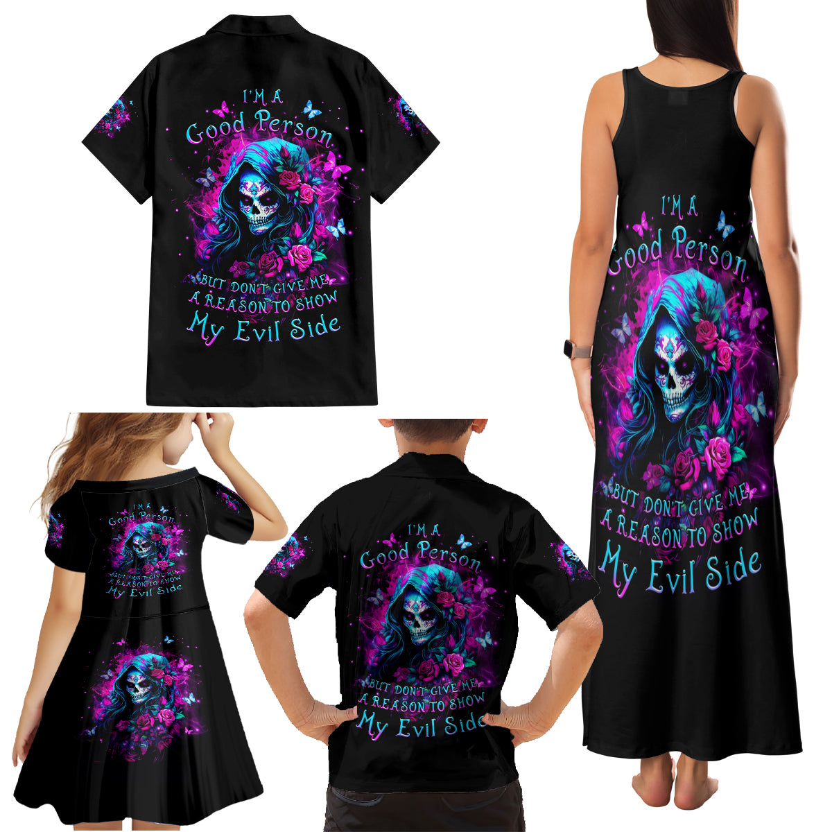 Witch Skull Family Matching Tank Maxi Dress and Hawaiian Shirt I'm A Good Person But Don't Give Me A Reason To Show Evil Side - Wonder Print Shop