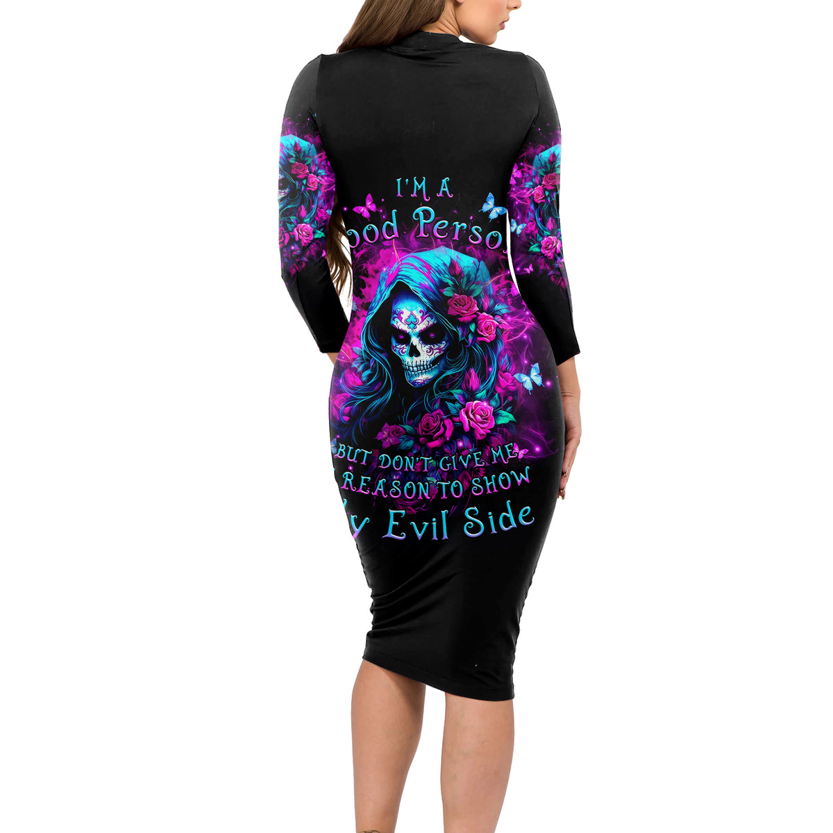 Witch Skull Long Sleeve Bodycon Dress I'm A Good Person But Don't Give Me A Reason To Show Evil Side - Wonder Print Shop