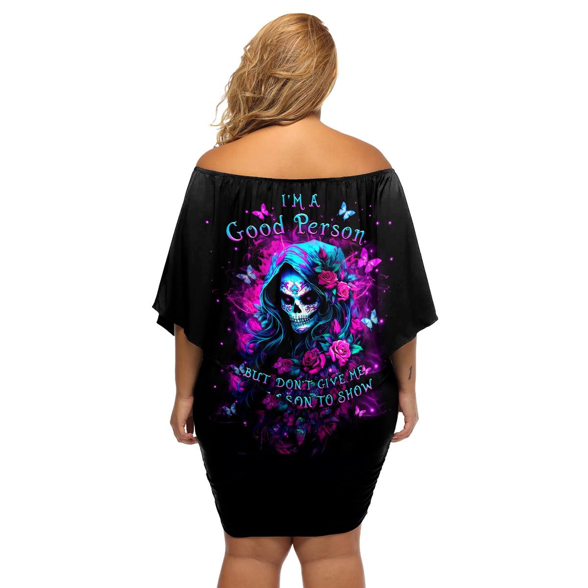 Witch Skull Off Shoulder Short Dress I'm A Good Person But Don't Give Me A Reason To Show Evil Side - Wonder Print Shop