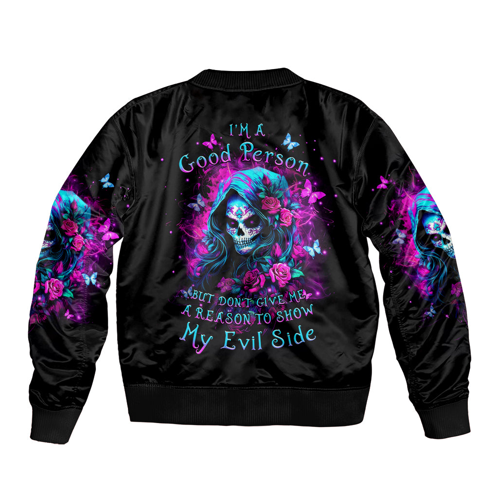 Witch Skull Sleeve Zip Bomber Jacket I'm A Good Person But Don't Give Me A Reason To Show Evil Side - Wonder Print Shop