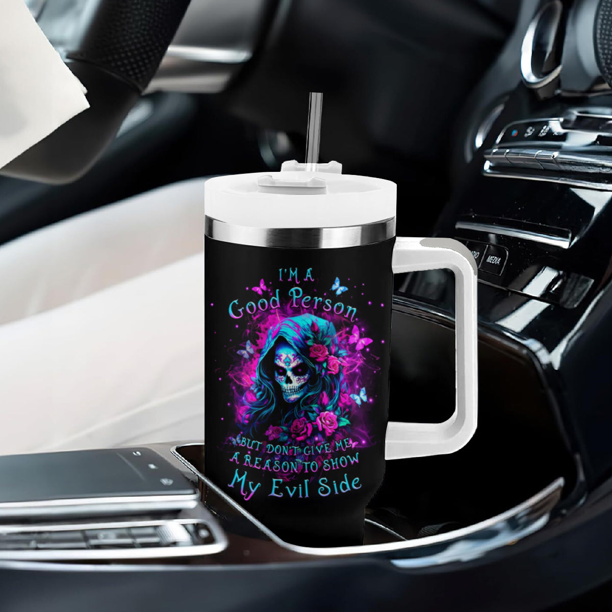 Witch Skull Tumbler With Handle I'm A Good Person But Don't Give Me A Reason To Show Evil Side - Wonder Print Shop