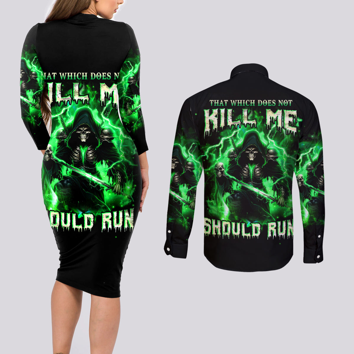Reaper Skull Couples Matching Long Sleeve Bodycon Dress and Long Sleeve Button Shirt That Which Does Not Kill Me Should Run - Wonder Print Shop