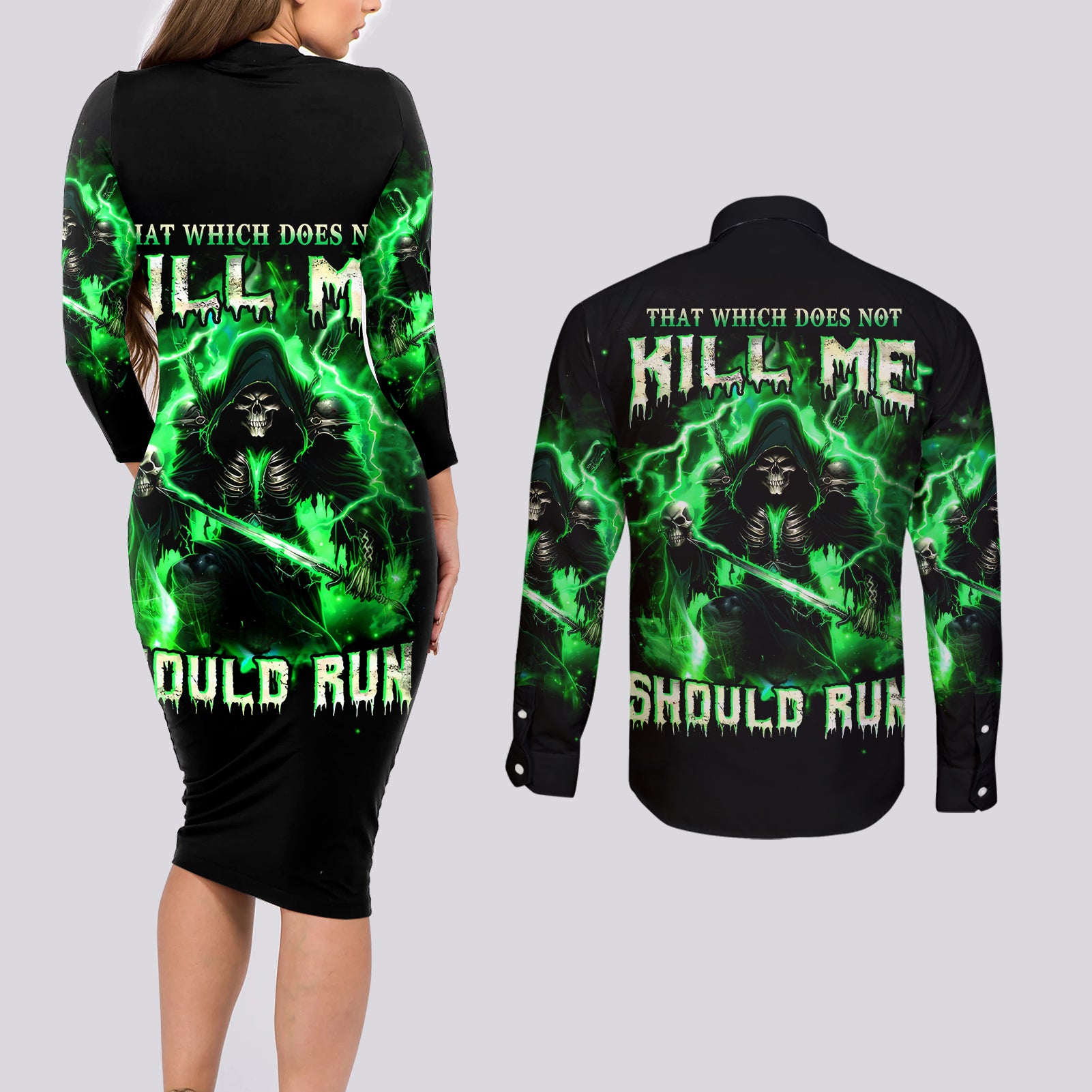 Reaper Skull Couples Matching Long Sleeve Bodycon Dress and Long Sleeve Button Shirt That Which Does Not Kill Me Should Run - Wonder Print Shop