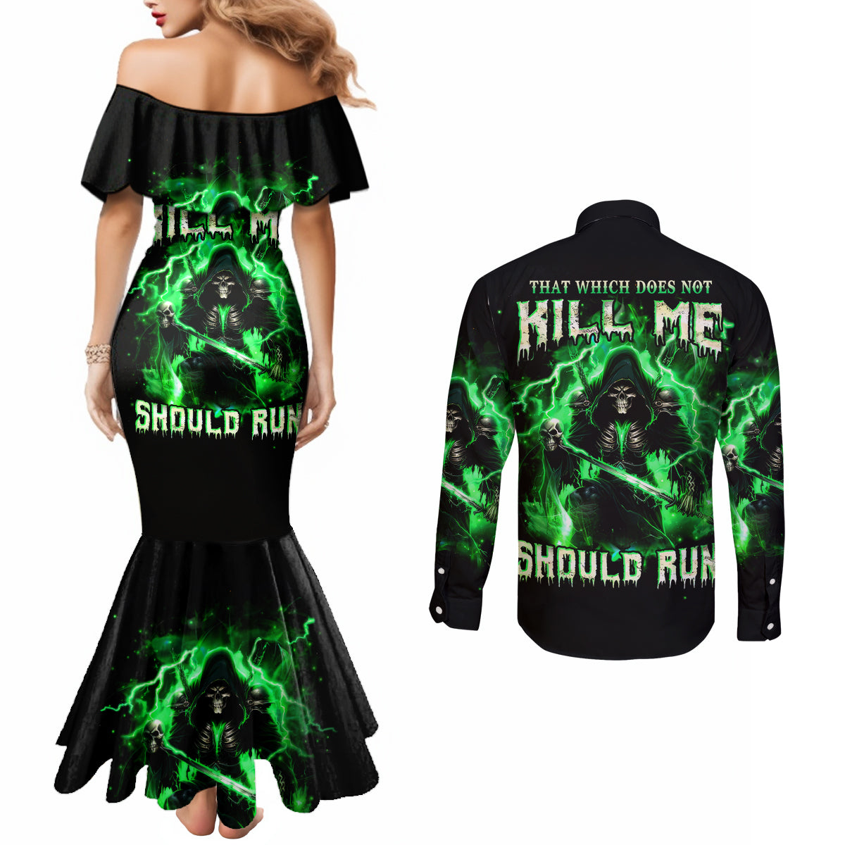 Reaper Skull Couples Matching Mermaid Dress and Long Sleeve Button Shirt That Which Does Not Kill Me Should Run