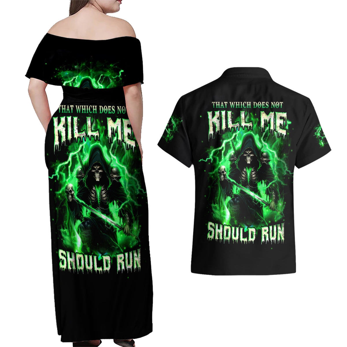 Reaper Skull Couples Matching Off Shoulder Maxi Dress and Hawaiian Shirt That Which Does Not Kill Me Should Run - Wonder Print Shop