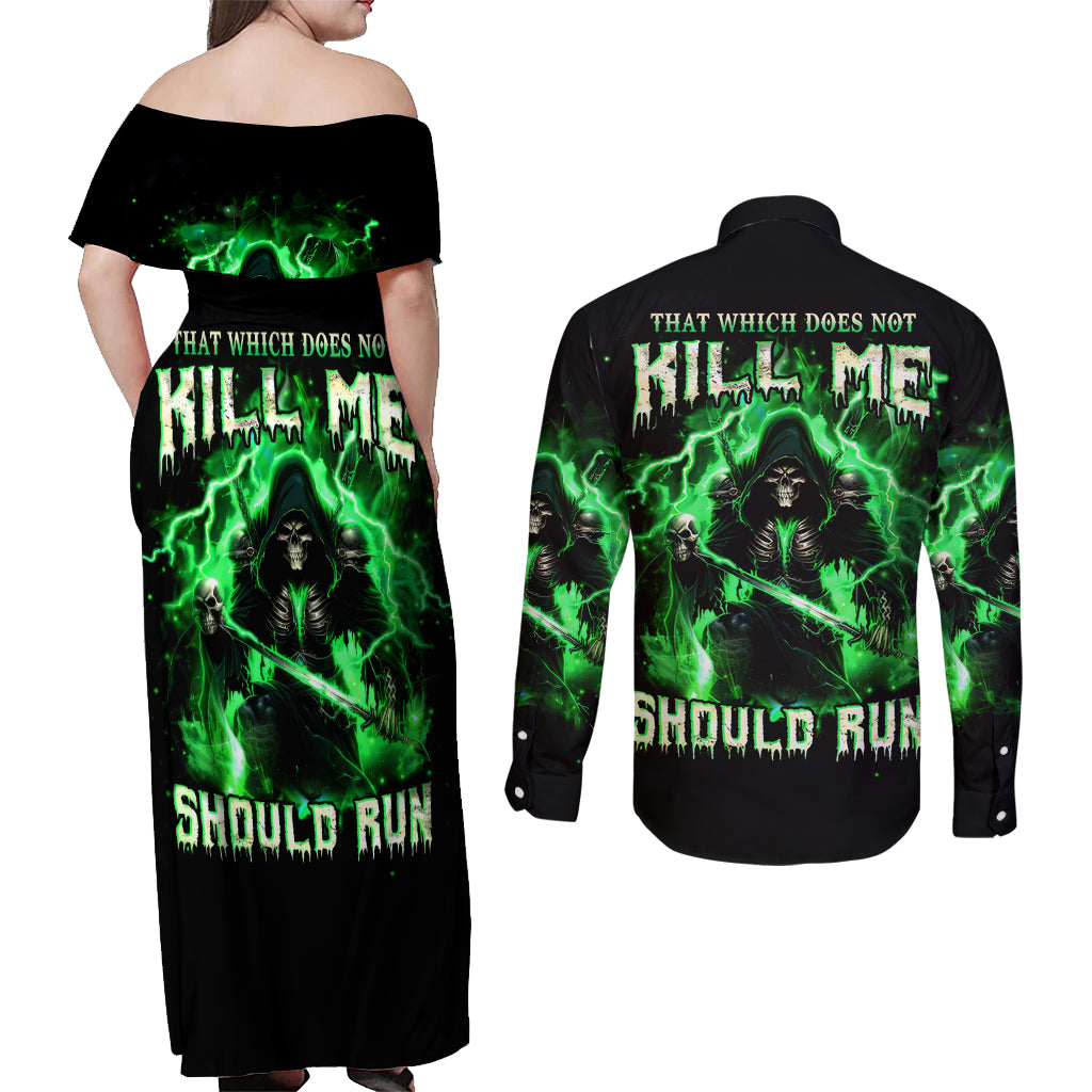Reaper Skull Couples Matching Off Shoulder Maxi Dress and Long Sleeve Button Shirt That Which Does Not Kill Me Should Run - Wonder Print Shop
