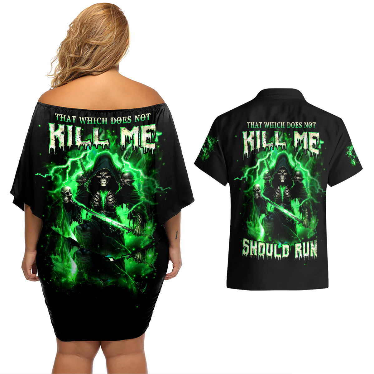 Reaper Skull Couples Matching Off Shoulder Short Dress and Hawaiian Shirt That Which Does Not Kill Me Should Run - Wonder Print Shop