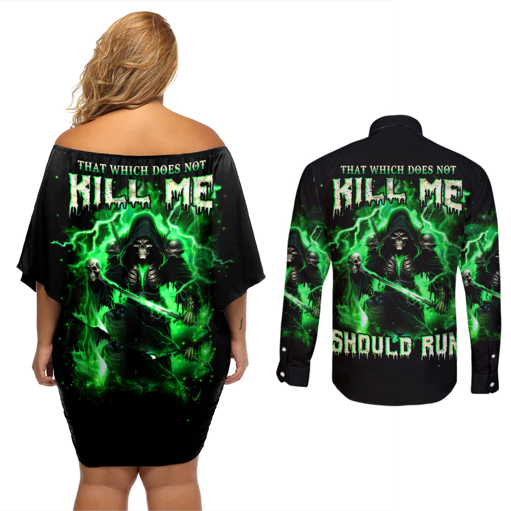 Reaper Skull Couples Matching Off Shoulder Short Dress and Long Sleeve Button Shirt That Which Does Not Kill Me Should Run - Wonder Print Shop