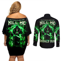 Reaper Skull Couples Matching Off Shoulder Short Dress and Long Sleeve Button Shirt That Which Does Not Kill Me Should Run - Wonder Print Shop