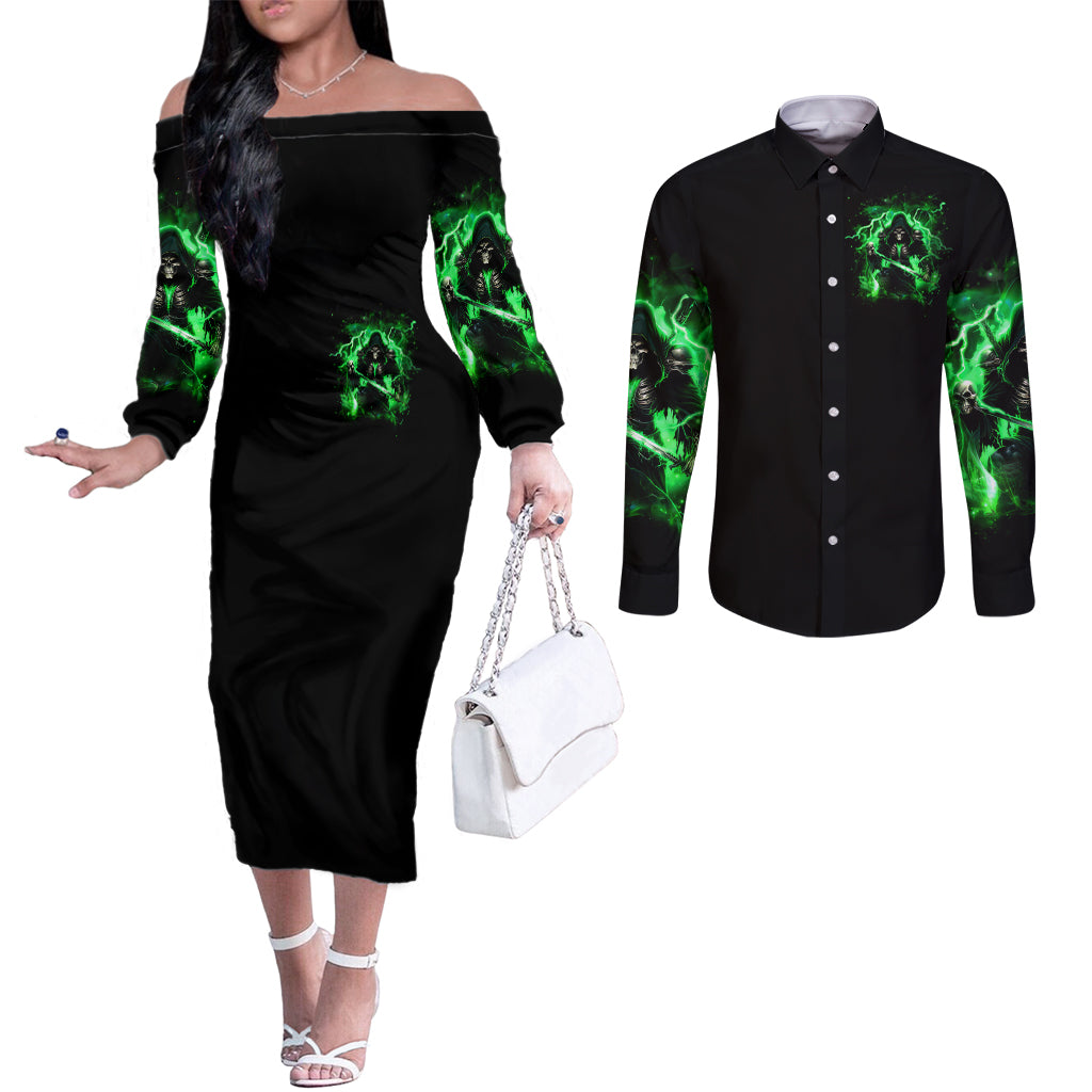 Reaper Skull Couples Matching Off The Shoulder Long Sleeve Dress and Long Sleeve Button Shirt That Which Does Not Kill Me Should Run
