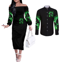 Reaper Skull Couples Matching Off The Shoulder Long Sleeve Dress and Long Sleeve Button Shirt That Which Does Not Kill Me Should Run