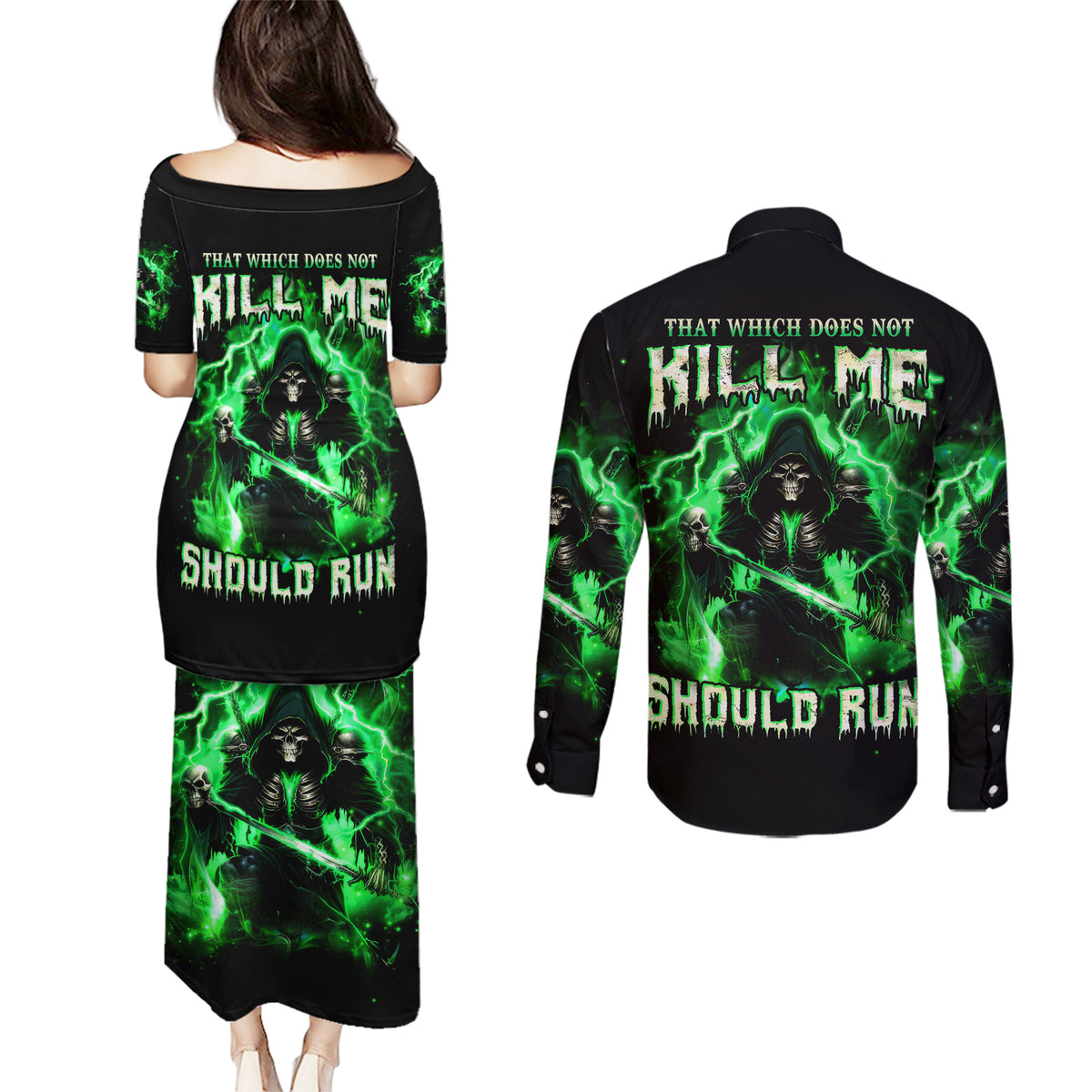 Reaper Skull Couples Matching Puletasi and Long Sleeve Button Shirt That Which Does Not Kill Me Should Run - Wonder Print Shop