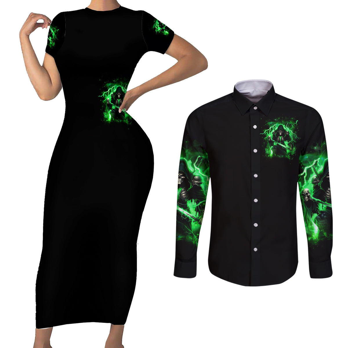 Reaper Skull Couples Matching Short Sleeve Bodycon Dress and Long Sleeve Button Shirt That Which Does Not Kill Me Should Run - Wonder Print Shop
