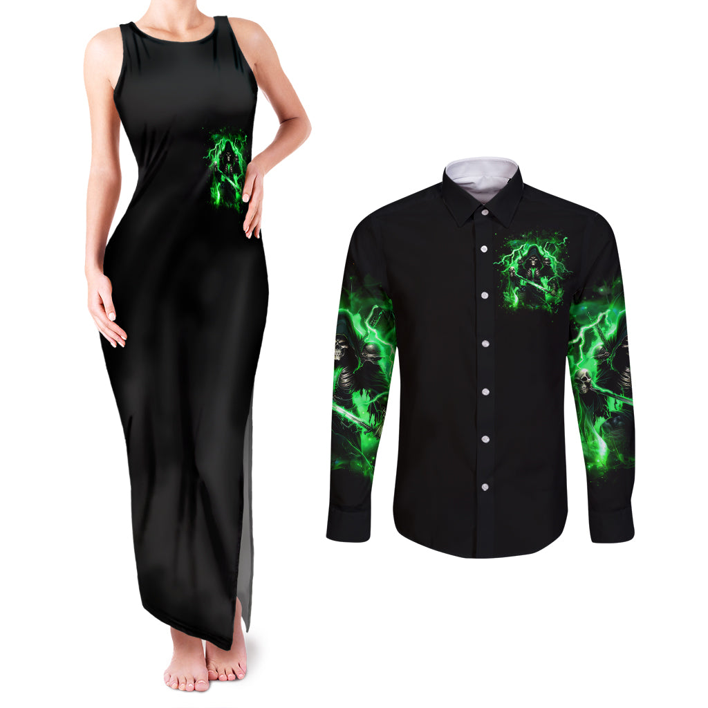 Reaper Skull Couples Matching Tank Maxi Dress and Long Sleeve Button Shirt That Which Does Not Kill Me Should Run - Wonder Print Shop
