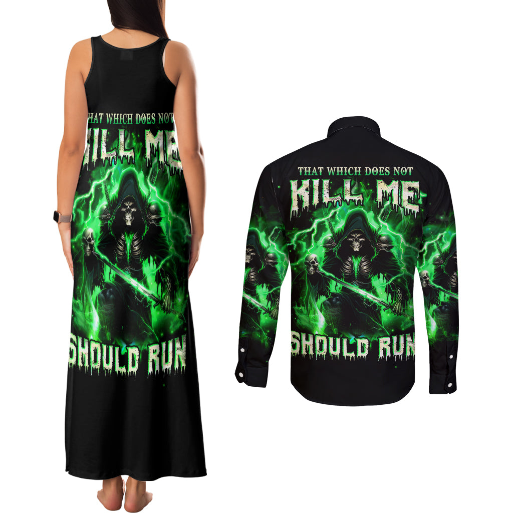 Reaper Skull Couples Matching Tank Maxi Dress and Long Sleeve Button Shirt That Which Does Not Kill Me Should Run - Wonder Print Shop