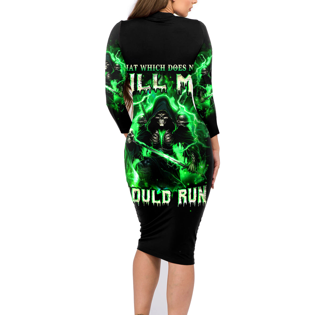 Reaper Skull Family Matching Long Sleeve Bodycon Dress and Hawaiian Shirt That Which Does Not Kill Me Should Run - Wonder Print Shop