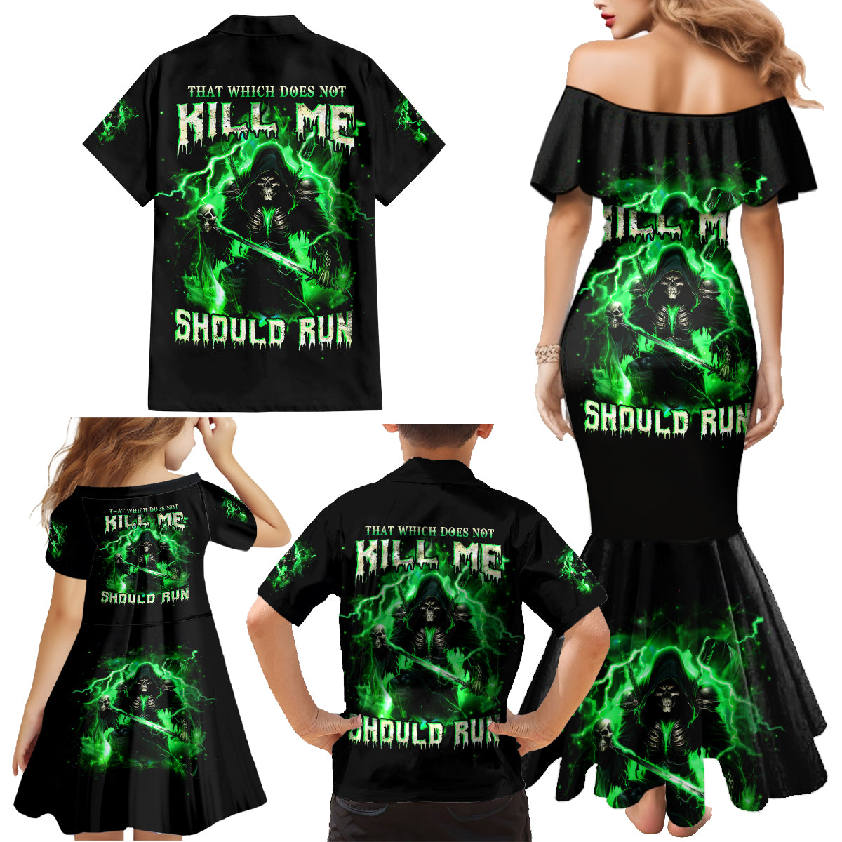 Reaper Skull Family Matching Mermaid Dress and Hawaiian Shirt That Which Does Not Kill Me Should Run - Wonder Print Shop