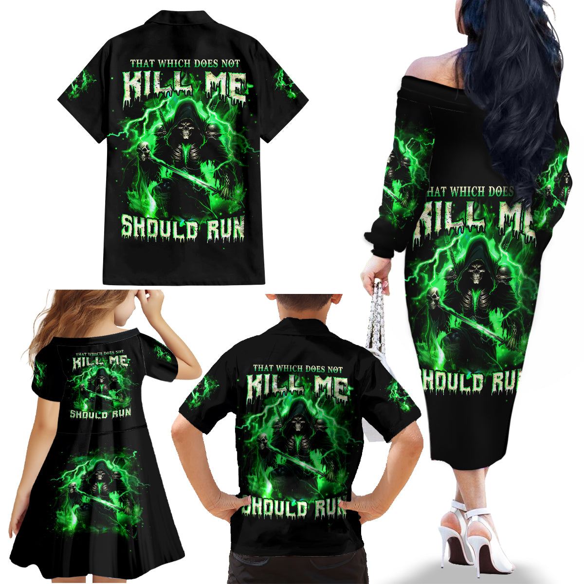Reaper Skull Family Matching Off Shoulder Long Sleeve Dress and Hawaiian Shirt That Which Does Not Kill Me Should Run - Wonder Print Shop