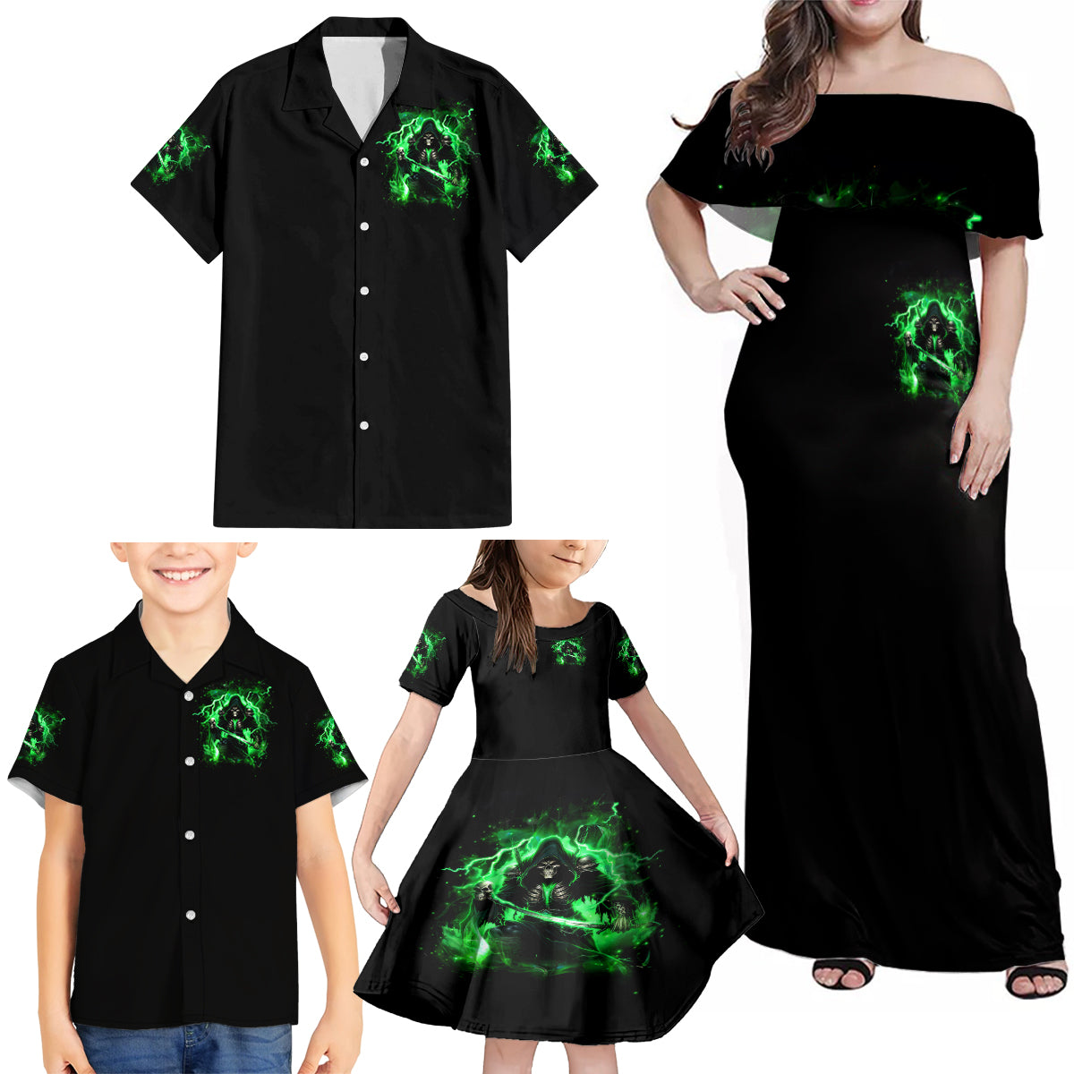 Reaper Skull Family Matching Off Shoulder Maxi Dress and Hawaiian Shirt That Which Does Not Kill Me Should Run - Wonder Print Shop