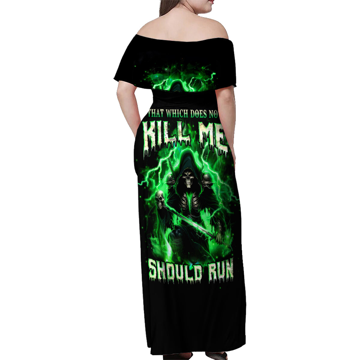 Reaper Skull Family Matching Off Shoulder Maxi Dress and Hawaiian Shirt That Which Does Not Kill Me Should Run - Wonder Print Shop