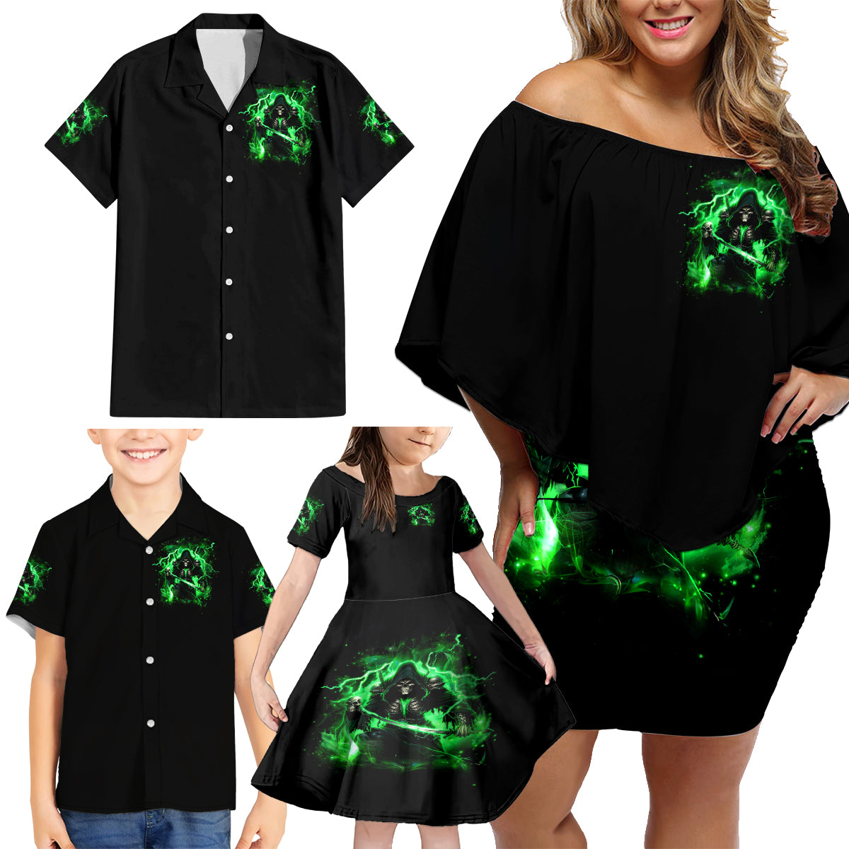 Reaper Skull Family Matching Off Shoulder Short Dress and Hawaiian Shirt That Which Does Not Kill Me Should Run - Wonder Print Shop